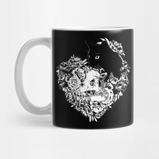 Skull and Black cat with flowers, skeleton with flowers, black and white drawing Mug